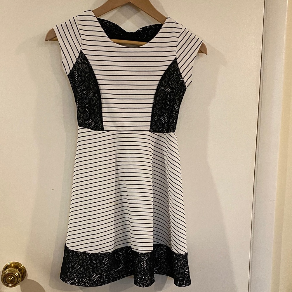 emily west Black & White Striped Dress with Lace Insets